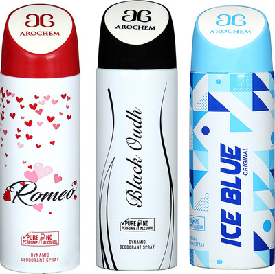 

AROCHEM ROMEO , BLACK OUDH AND ICE BLUE DYNAMIC PURE ORIGINAL Deodorant Spray - For Men & Women(200 ml, Pack of 3)