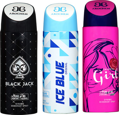 

AROCHEM BLACK JACK , ICE BLUE AND CHARMING GIRL DYNAMIC PURE ORIGINAL Deodorant Spray - For Men & Women(200 ml, Pack of 3)