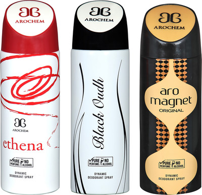 

AROCHEM ETHENA , BLACK OUDH AND ARO MAGNET DYNAMIC PURE ORIGINAL Deodorant Spray - For Men & Women(200 ml, Pack of 3)