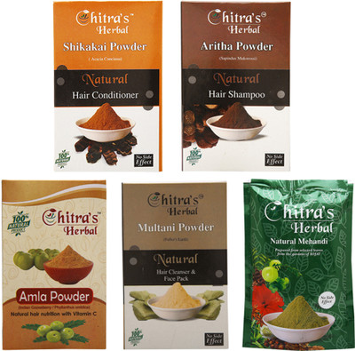 

Chitra's Herbal Shikakai Powder, Aritha Powder, Amla Powder, Multani Powder-100 Gm, Mehendi Powder-150 Gm, Set of 5(550 g)