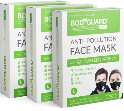

Bodyguard Reusable Anti Pollution Face Mask with Activated Carbon, N99 + PM2.5 for Men and Women - (Large) Pack of-3 Mask