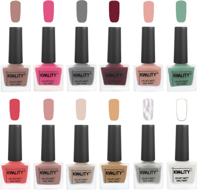 

Kwality Nail Paints | Professional Nail Polish| Nail Paint Combo Set of 12 Salmon Run-Pink -Grey-Maroon-Salmon Pink-Mischievous Mint-Baby Pink-Salmon-Light Beige-Beige-Silver-White(Pack of 12)