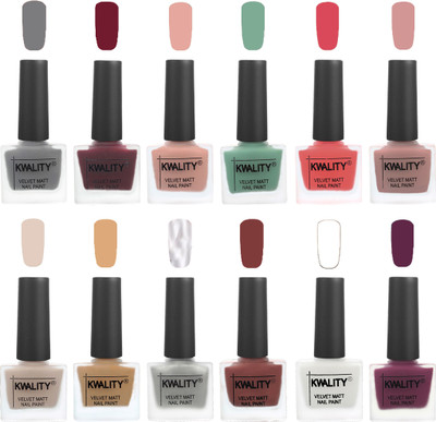 

Kwality Nail Paints | Professional Nail Polish| Nail Paint Combo Set of 12 Grey-Maroon-Salmon Pink-Mischievous Mint-Baby Pink-Salmon-Light Beige-Beige-Silver-Dark Tan-White-Purple(Pack of 12)