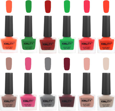 

Kwality Nail Paints | Professional Nail Polish| Nail Paint Combo Set of 12 Carrot Orange-Dark Green-Red-Green-Pink Mania-Candy Orange-Salmon Run-Pink -Grey-Maroon-Salmon Pink-Light Beige(Pack of 12)