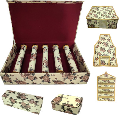 

Addyz Combo Of 6 Rose Printed 1 Piece 5 RodP Wooden Bangle box, 1 Piece Big Earring Folder, 1 Piece Ring Box , 1 saree cover 1 blouse cover 1 Piece Payel Watch 5 Chain Jewellery Vanity Box(Cream)