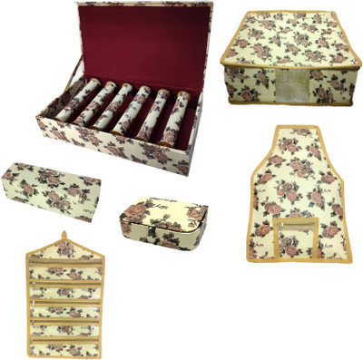

Addyz Combo Of 6 Rose Printed 1 Piece 6 RodP Wooden Bangle box, 1 Piece Big Earring Folder, 1 Piece Ring Box , 1 saree cover 1 blouse cover 1 Piece Payel Watch 5 Chain Jewellery Vanity Box(Cream)