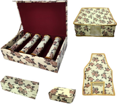 

Addyz Combo Of 5 Rose Printed 1 Piece 4 RodP Wooden Bangle box, 1 Piece Big Earring Folder, 1 Piece Ring Box , 1 saree cover 1 blouse cover Jewellery Vanity Box(Cream)