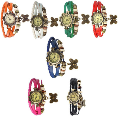 

Pappi Boss Trendy Designer Vintage Leather Set of 7 Multicolor Bracelet Butterfly Watch - For Women
