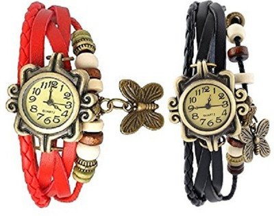 

Pappi Boss Combo Offer Set of 2 Vintage Black & Red Leather Bracelet Butterfly Watch - For Women
