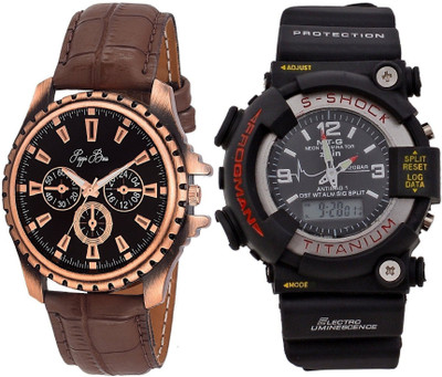 

Pappi Boss Pack of Brown Leather Octane & Multi-function Black S-Shock Watch - For Boys