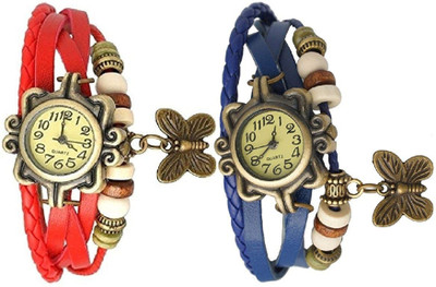 

Pappi Boss Set Of 2 Combo Vintage Leather Red & Dark Blue Butterfly Bracelet Watch - For Women