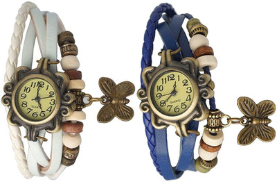 

Pappi Boss Combo Offer Set of 2 Trendy Vintage Leather White & Dark Blue Bracelet Butterfly Watch - For Women