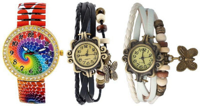 

Pappi Boss Combo Of 3 Designer Multicolor Rainbow Stretchable & Vintage Black & White Multi Strap Butterfly Designer Bracelet Watch - For Women