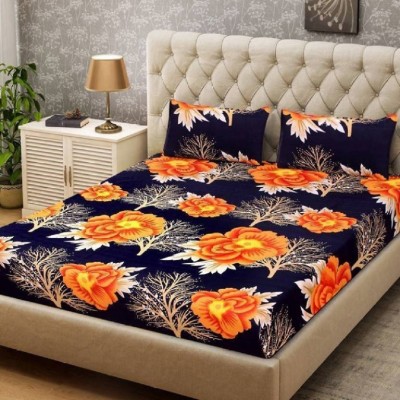 Aradhya Products 140 TC Microfiber Double Floral Fitted & Flat Bedsheet(Pack of 1, Blue)