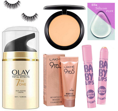 

ellie Eyelashes, Anti Ageing Cream, Foundation,Compact, Baby Lipbalm Pack Of 2,Silicon Puff(Set of 7)
