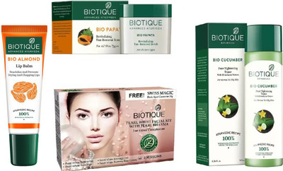 

BIOTIQUE BIO Papaya Revitalizing Tan Removal Scrub, Bio Pearl White Facial Kit, Bio Cucumber Pore Tightening Toner , LIP BALM(Set of 4)