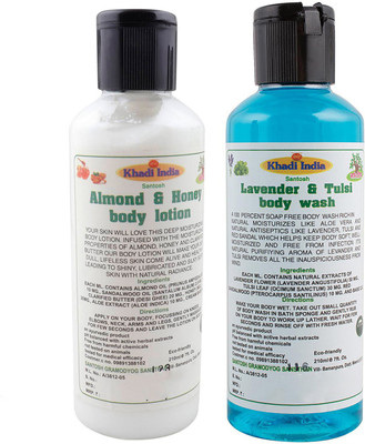 Khadi India Santosh Khadi herbal Almond & Honey body lotion and Lavender & Tulsi body wash Combo Pack of 2x210 ml(Set of 2)