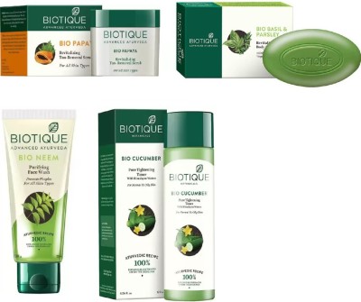 

BIOTIQUE BIO Neem Purifying Face Wash, Papaya Revitalizing Tan-Removal Scrub, Cucumber Pore Tightening Toner,SOAP(Set of 4)