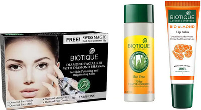 

BIOTIQUE BIO bio Diamond Facial Kit, Bio Vera 75+ Spf Sunscreen Ultra Soothing Body Lotion, LIP CARE(Set of 3)
