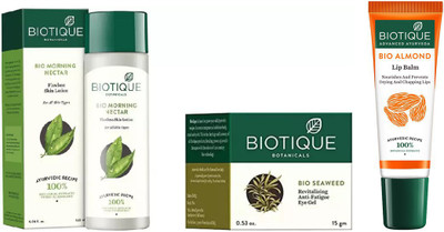 

BIOTIQUE BIO Morning Nectar Lotion For All Skin Types, Bio Sea Revitalizing Eye Gel, Lip Balm(Set of 3)