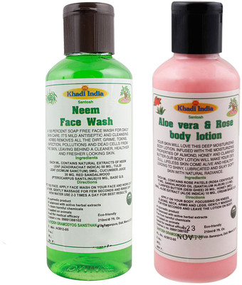 

Khadi India Santosh Khadi Herbal Neem face wash and Aloe vera & Rose body lotion Combo Pack of 2x210 ml(Set of 2)