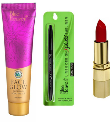 

Blue Heaven SKECTH EYE LINER & LIPSTICK XPERSSION & FACE GLOW TUBE SPARKLING FOUNDATION(Set of 3)