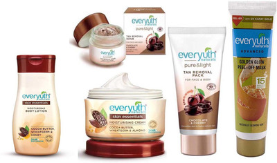 Everyuth Naturals Skin Essentials Moisturising Body Lotion Cocoa Butter Wheatgerm & Honey 90ml, Moisturising Cream Cocoa Butter Wheatgerm & Almond 100ml, TAN REMOVAL SCURB 50g, TAN REMOVAL PACK 50g & Golden Glow Peel-Off Mask 90g(Set of 5)