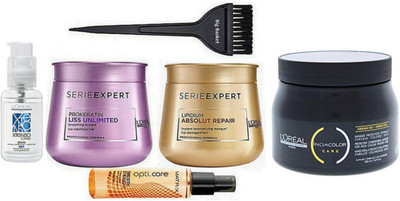 

big Basket Hair Brush, Pro+Keratin Liss Unlimited Masque With Absolut Repair Lipidium Masque & Split End Hair Serum, Xtenso Care Hair Serum, INOA Color Care Protective Conditioning Masque(Set of 6)