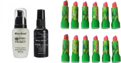 

Miss Boss 12 green tea lipstick, and HD STUDIO PROFESSIONAL PREP+SET MAKEUP COMBO (1 PRIMER 1 FIXER) (Set of 2) Primer - 100 ml (black & white), set of 3(Set of 3)