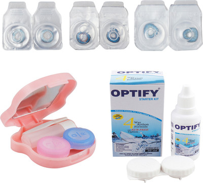 

Optify Zero Power Combo Pack Monthly Color Contact Lens With Solution and Travel Kit Monthly Contact Lens(0, Blue_Deep Blue_Blue, Pack of 3)