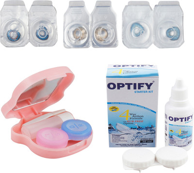 

Optify Zero Power Combo Pack Monthly Color Contact Lens With Solution and Travel Kit Monthly Contact Lens(0, Deep Blue-Honey-Blue, Pack of 3)