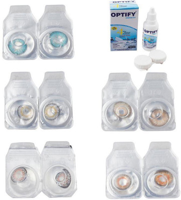 Optify Combo Pack Monthly Color Contact Lens With Solution Monthly Contact Lens(0, Aqua-Natural Grey-Grey-Hazel-Honey, Pack of 5)