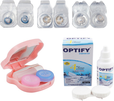 

Optify Zero Power Combo Pack Monthly Color Contact Lens With Solution and Travel Kit Monthly Contact Lens(0, Deep Blue-Honey-Grey, Pack of 3)