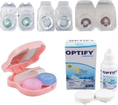 

Optify Zero Power Combo Pack Monthly Color Contact Lens With Solution and Travel Kit Monthly Contact Lens(0, Green Turquoise_Blue_Brown, Pack of 3)