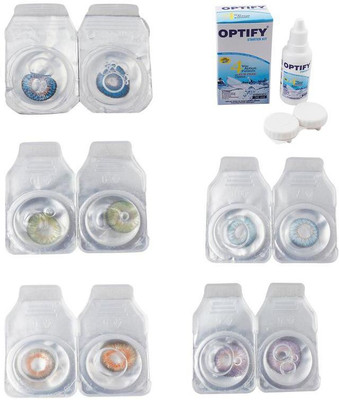Optify Combo Pack Monthly Color Contact Lens With Solution Monthly Contact Lens(0, Blue-Green-Honey-Sea Blue-Violet, Pack of 5)