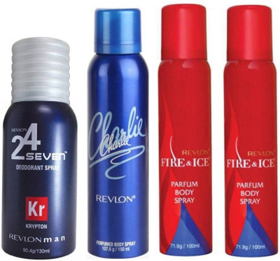 

Revlon 1 CHARLIE BLUE DEODORANT 150 ML+ 1 FIRE & ICE DEODORANT 100 ML+1 FIRE & ICE DEODORANT 100 ML+1 24 SEVEN KRYPTON DEODORANT 130 ML Body Spray - For Men & Women(150 ml, Pack of 4)