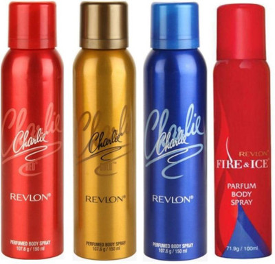 Revlon 1 CHARLIE RED DEODORANT 150 ML+ 1 CHARLIE GOLD DEODORANT 150 ML+1 CHARLIE BLUE DEODORANT 150 ML+1 CHARLIE RED DEODORANT 100 ML Body Spray - For Men & Women(150 ml, Pack of 4)