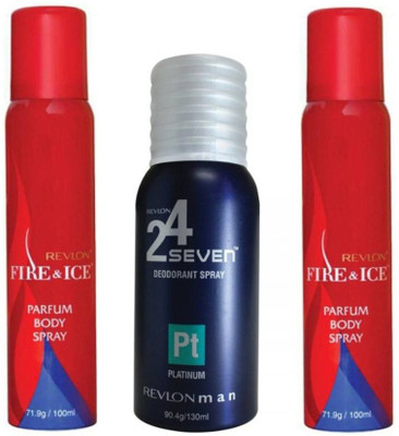 

Revlon 1 FIRE & ICE DEODORANT 100 ML + 1 FIRE & ICE DEODORANT 100 ML+1 24 SEVEN PLATINUM DEODORANT 130 ML Body Spray - For Men & Women(150 ml, Pack of 3)