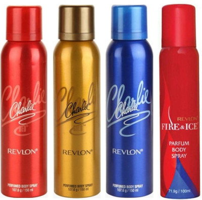 

Revlon CHARLIE RED DEODORANT 150 ML+ CHARLIE GOLD DEODORANT 150 ML+ BLUE DEODORANT 150 ML+ FIRE & ICE DEODORANT 100 ML Body Spray - For Men & Women(150 ml, Pack of 4)