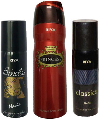 

Riya 1 BINDAS MANIA 150ML+ 1 PRINCESS 200ML+ 1 CLASSICO BLACK 150ML Deodorant Spray - For Men & Women(150 ml, Pack of 3)