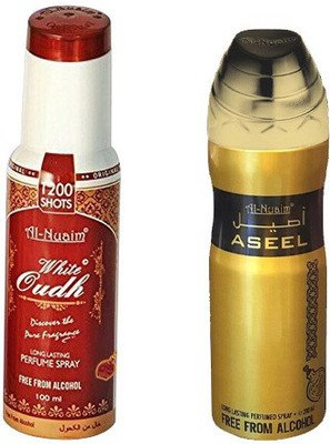 

Al Nuaim White Oudh Perfume spray 100ml + 200 ml Aseel Deodorant Perfume Body Spray - For Men(300 ml, Pack of 2)