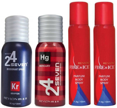 

Revlon 1 FIRE & ICE DEODORANT 100 ML+ 1 FIRE & ICE DEODORANT 100 ML+1 24 SEVEN KRYPTON DEODORANT 130 ML+1 24 SEVEN MERCURY DEODORANT 130 ML Body Spray - For Men & Women(150 ml, Pack of 4)