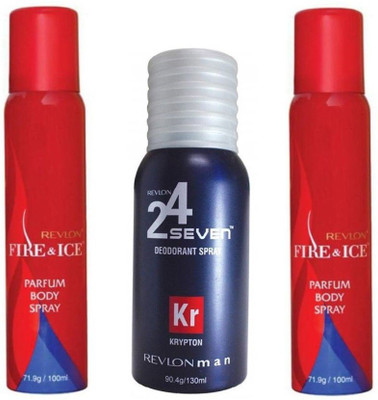 

Revlon 1 FIRE & ICE DEODORANT 100 ML + 1 FIRE & ICE DEODORANT 100 ML+1 24 SEVEN KRYPTON DEODORANT 130 ML Body Spray - For Men & Women(150 ml, Pack of 3)
