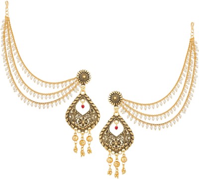 LUXOR Traditional Gold Plated Bahubali Long Chain with Jhumkhi Pearls Diamond Alloy Drops & Danglers