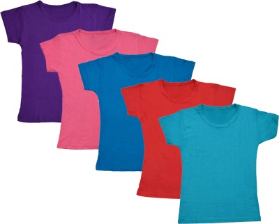 Indistar Girls Solid Cotton Blend Regular T Shirt(Multicolor, Pack of 5)