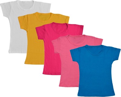 IndiWeaves Girls Solid Cotton Blend Regular T Shirt(Multicolor, Pack of 5)