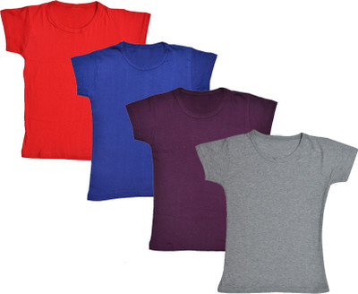 KAVYA Girls Solid Cotton Blend Regular T Shirt(Multicolor, Pack of 6)