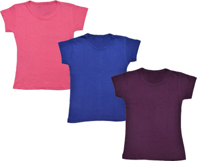 KAVYA Girls Solid Cotton Blend Regular T Shirt(Multicolor, Pack of 3)