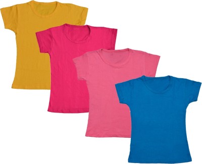 Indistar Girls Solid Cotton Blend Regular T Shirt(Multicolor, Pack of 4)