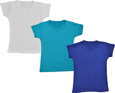 KAVYA Girls Solid Cotton Blend Regular T Shirt(Multicolor, Pack of 3)